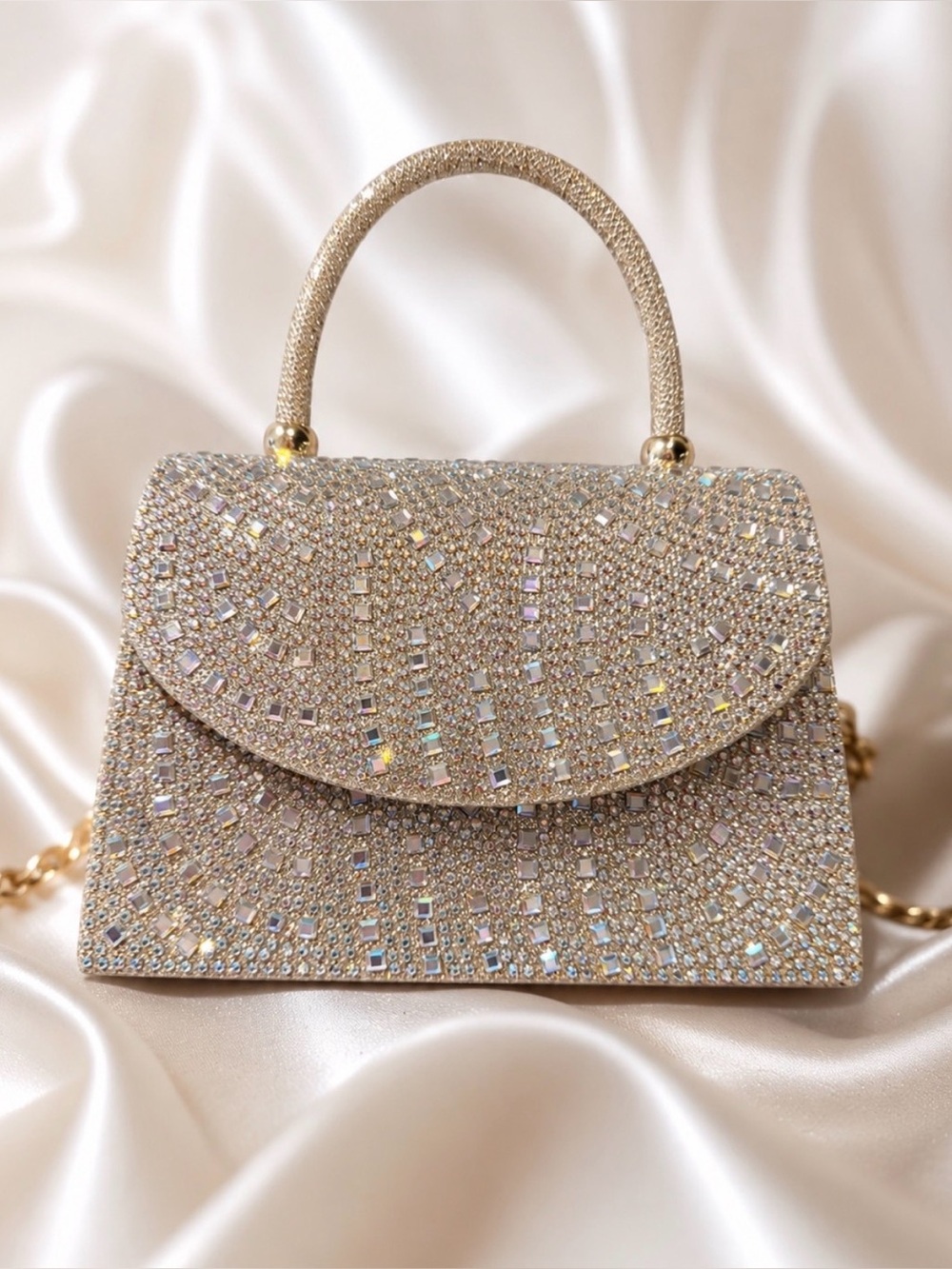 Crystal-Embellished Gold Evening Top-Handle Bag